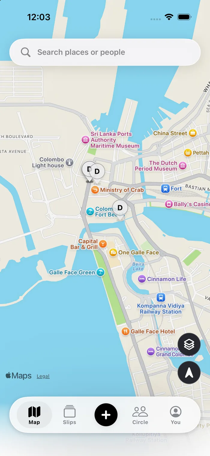 The Slip map with places pinned across the city