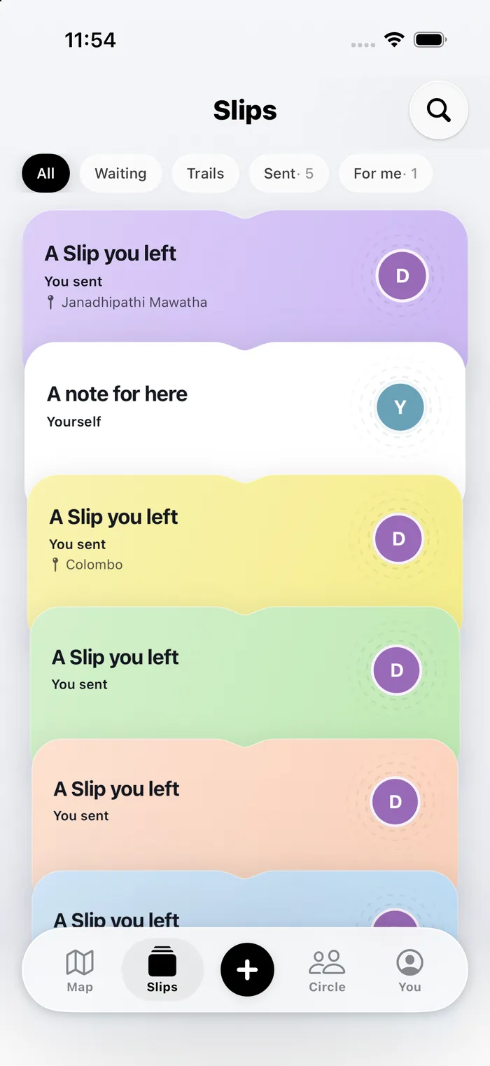 The Slip app showing a sealed message waiting at a place